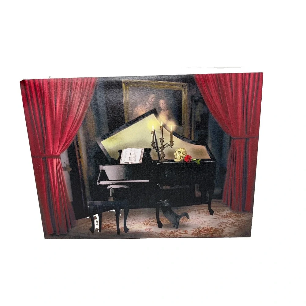 Haunted Piano Canvas Wall Art 20x16 Halloween Black Cat Skull Gothic Decor